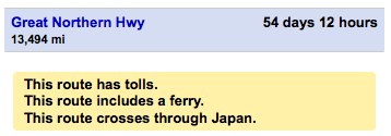A screen shot of Google Maps directions showing a 54-day trip crossing through Japan